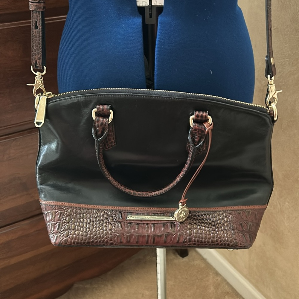 Brahmin Tuscan black leather with brown croc trim Satchel.